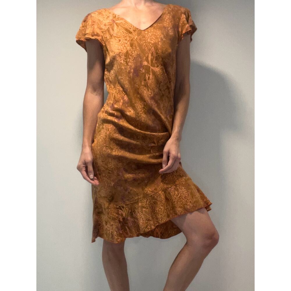 Women's Rust Paisley Midi Dress with Ruffle Hem